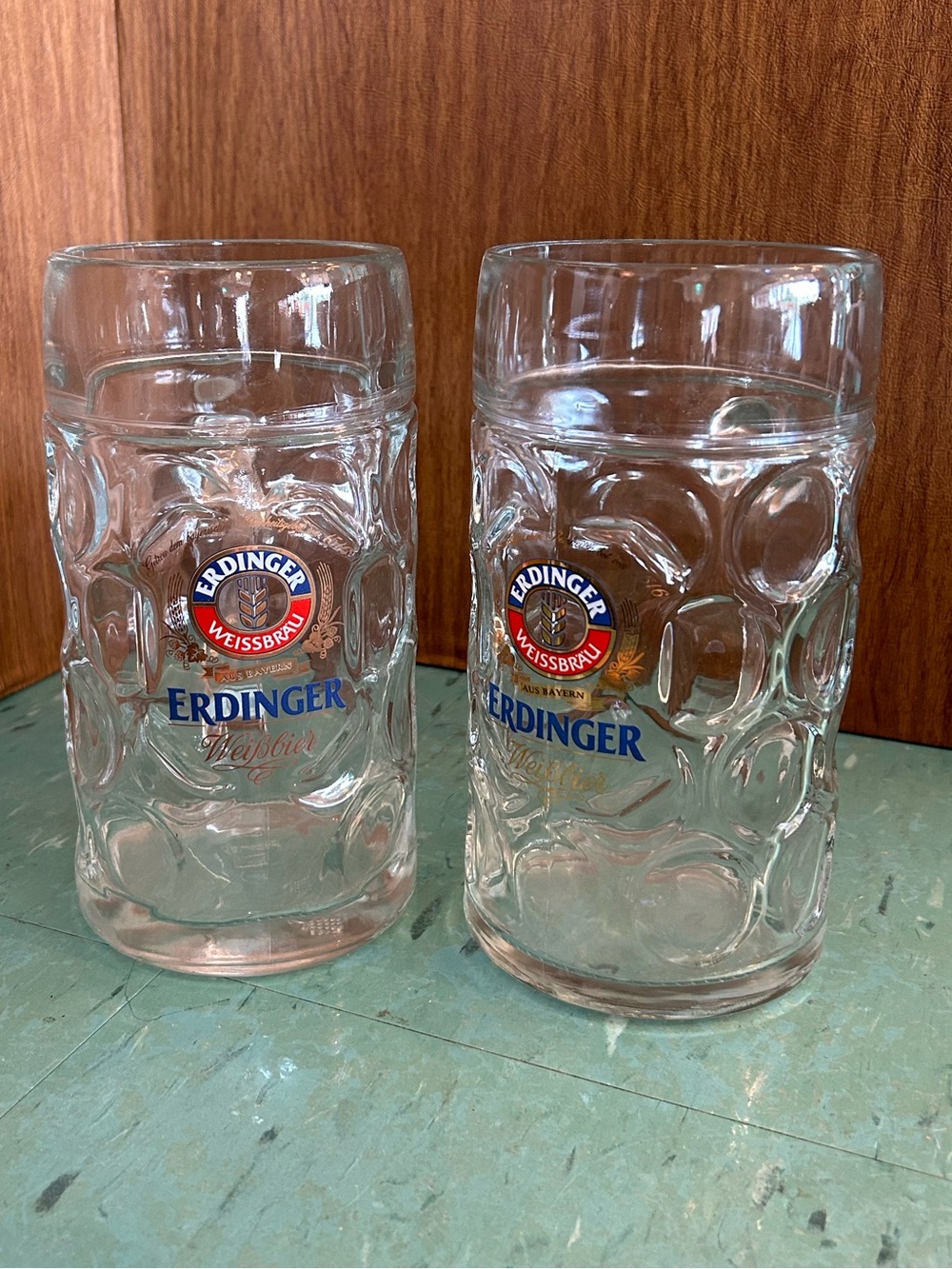 2 Erdinger Weissbrau German Dimpled Beer Stein Mug 1 Liter Heavy large